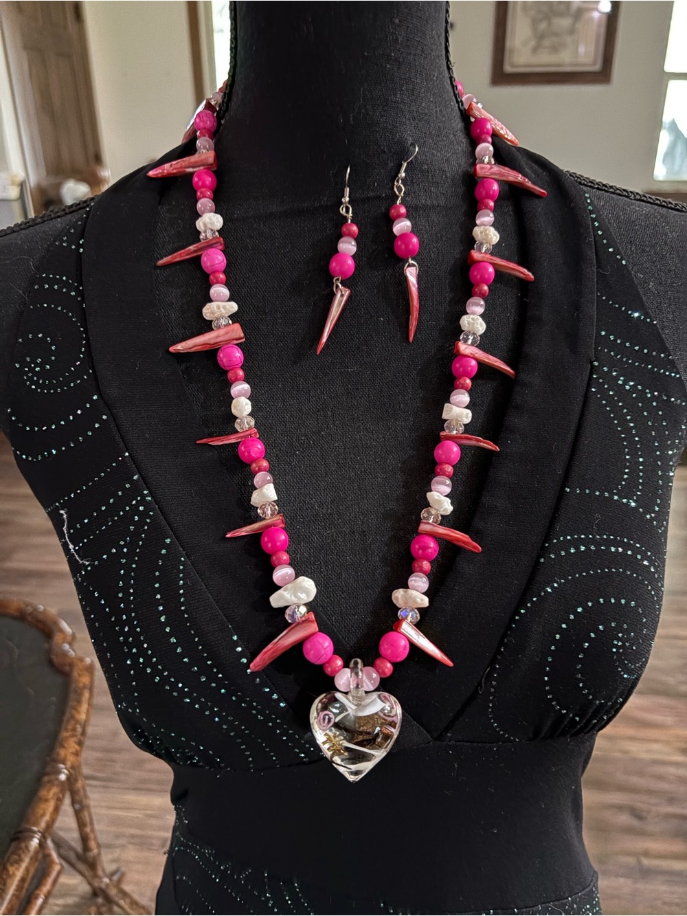 Handcrafted  Pink Beaded Necklace & Earrings Set with Heart Pendant n 15 in